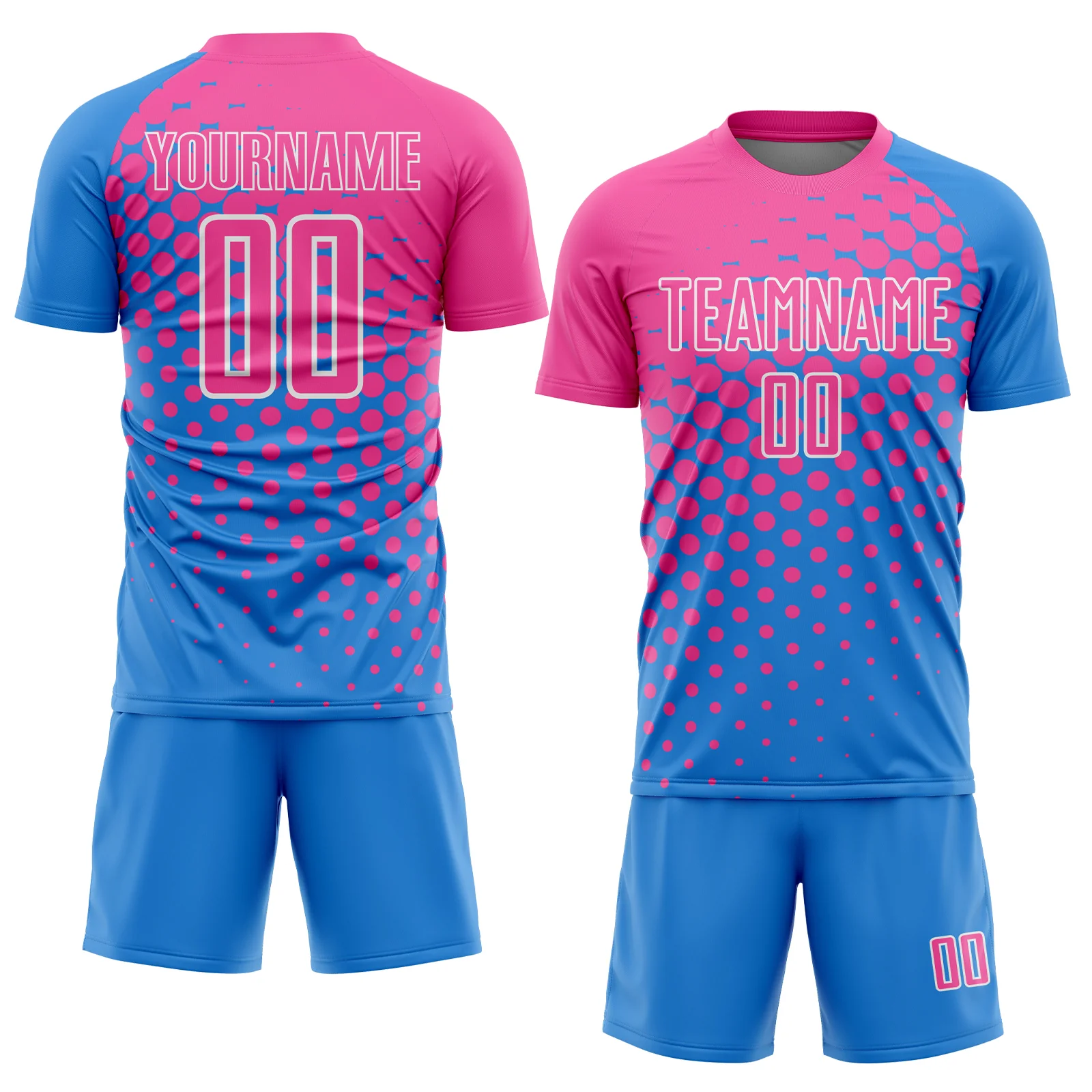 Custom Powder Blue Pink-White Modern Polka Dot Sublimation Soccer Uniform Jersey - Image 2