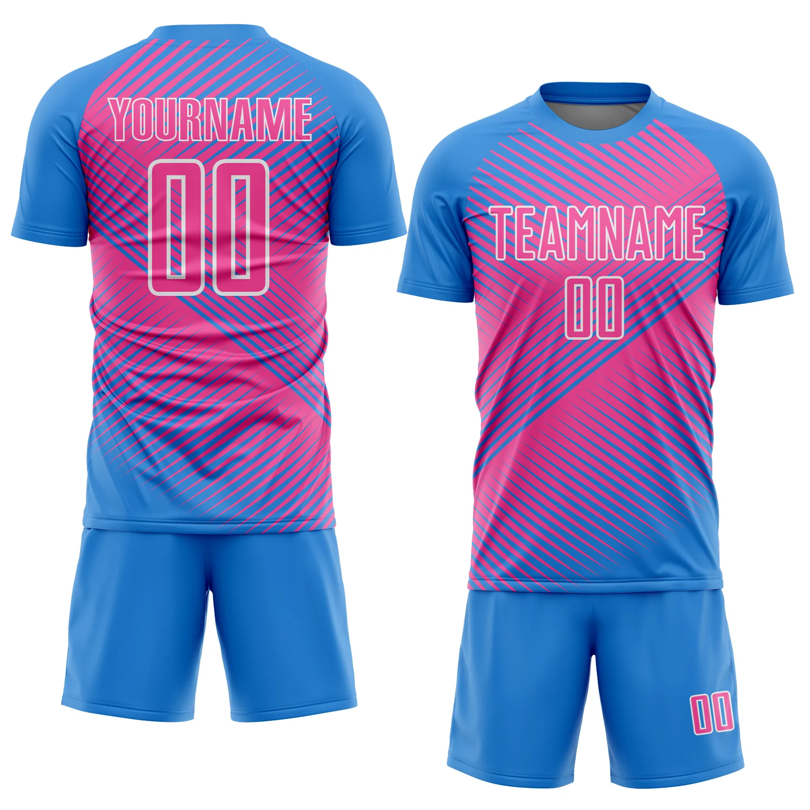 Custom Powder Blue Pink-White Line Sublimation Soccer Uniform Jersey - Image 2