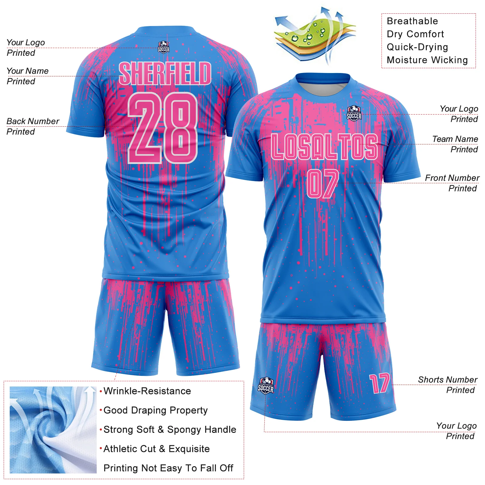 Custom Powder Blue Pink-White Dripping Splatte Pattern Sports Sublimation Soccer Uniform Jersey - Image 4