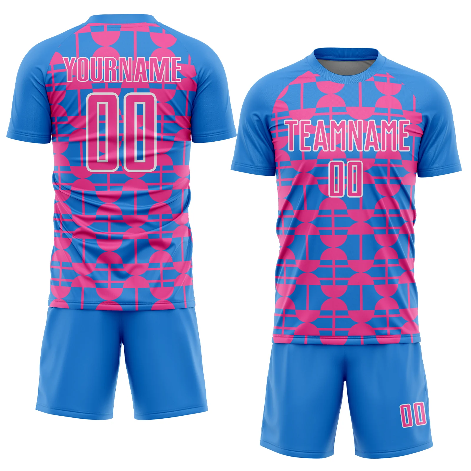 Custom Powder Blue Pink-White Geometric Shapes Sports Sublimation Soccer Uniform Jersey - Image 2