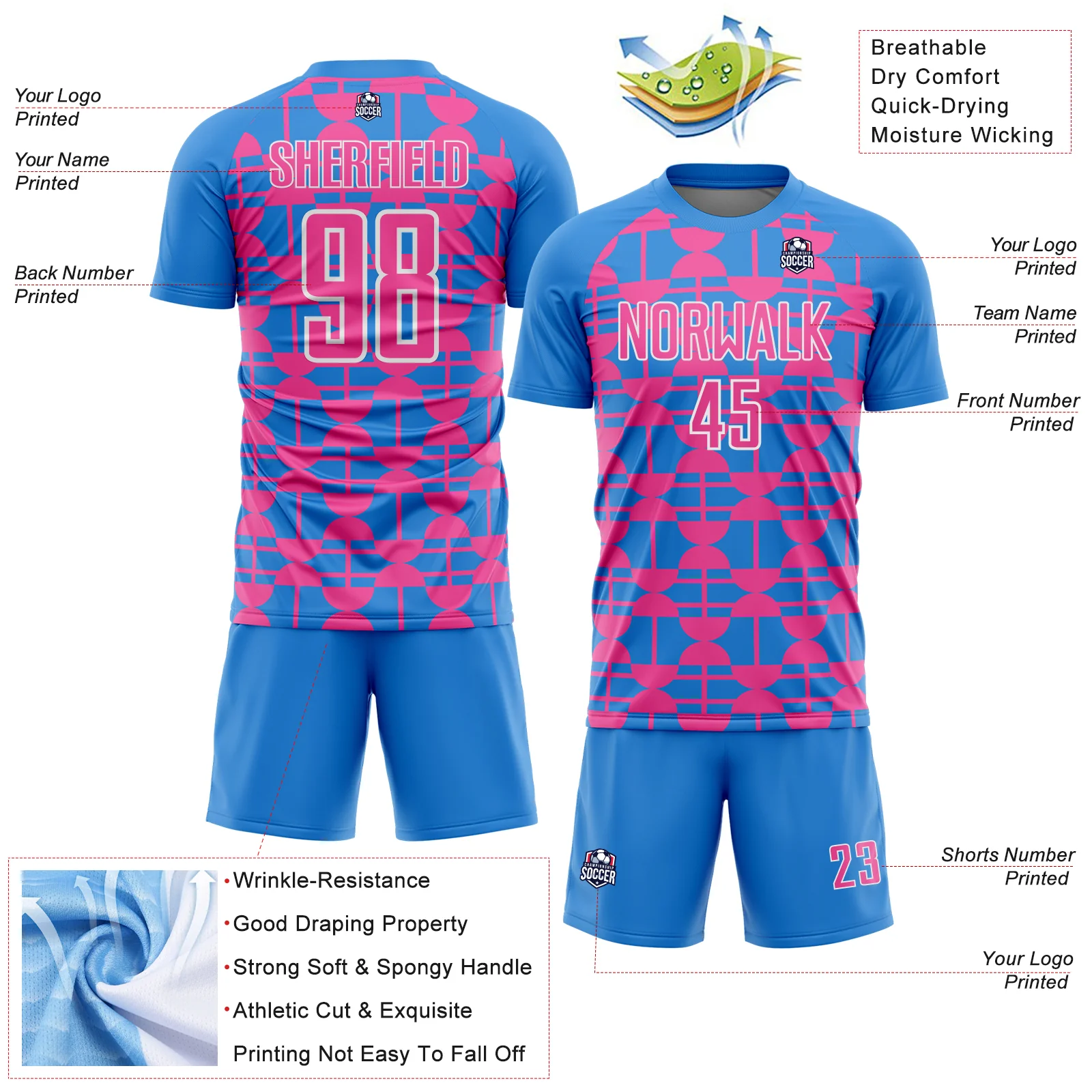Custom Powder Blue Pink-White Geometric Shapes Sports Sublimation Soccer Uniform Jersey - Image 4