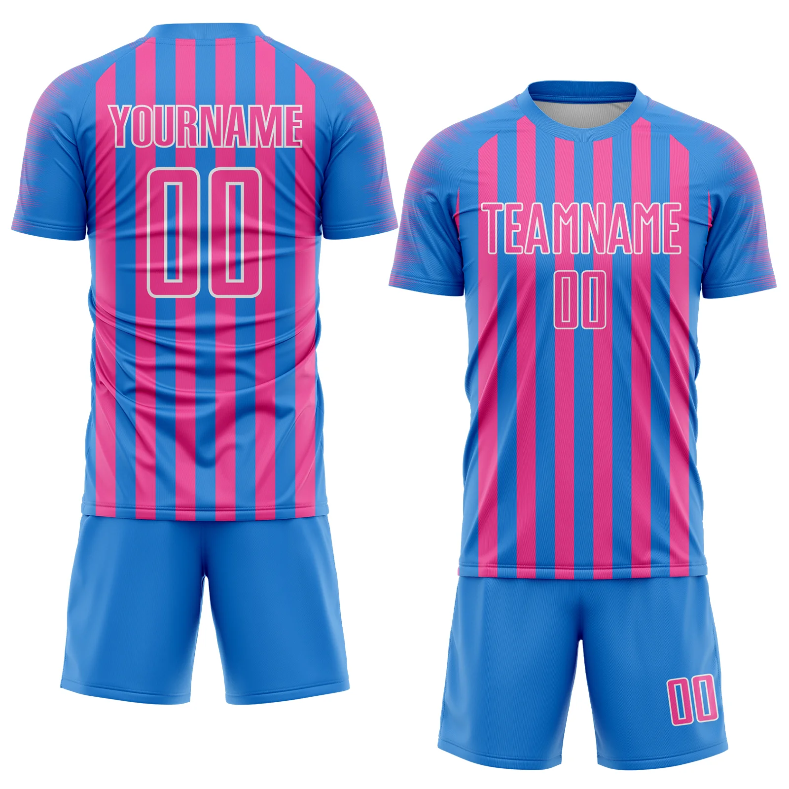 Custom Powder Blue Pink-White Stripe Sports Sublimation Soccer Uniform Jersey - Image 2