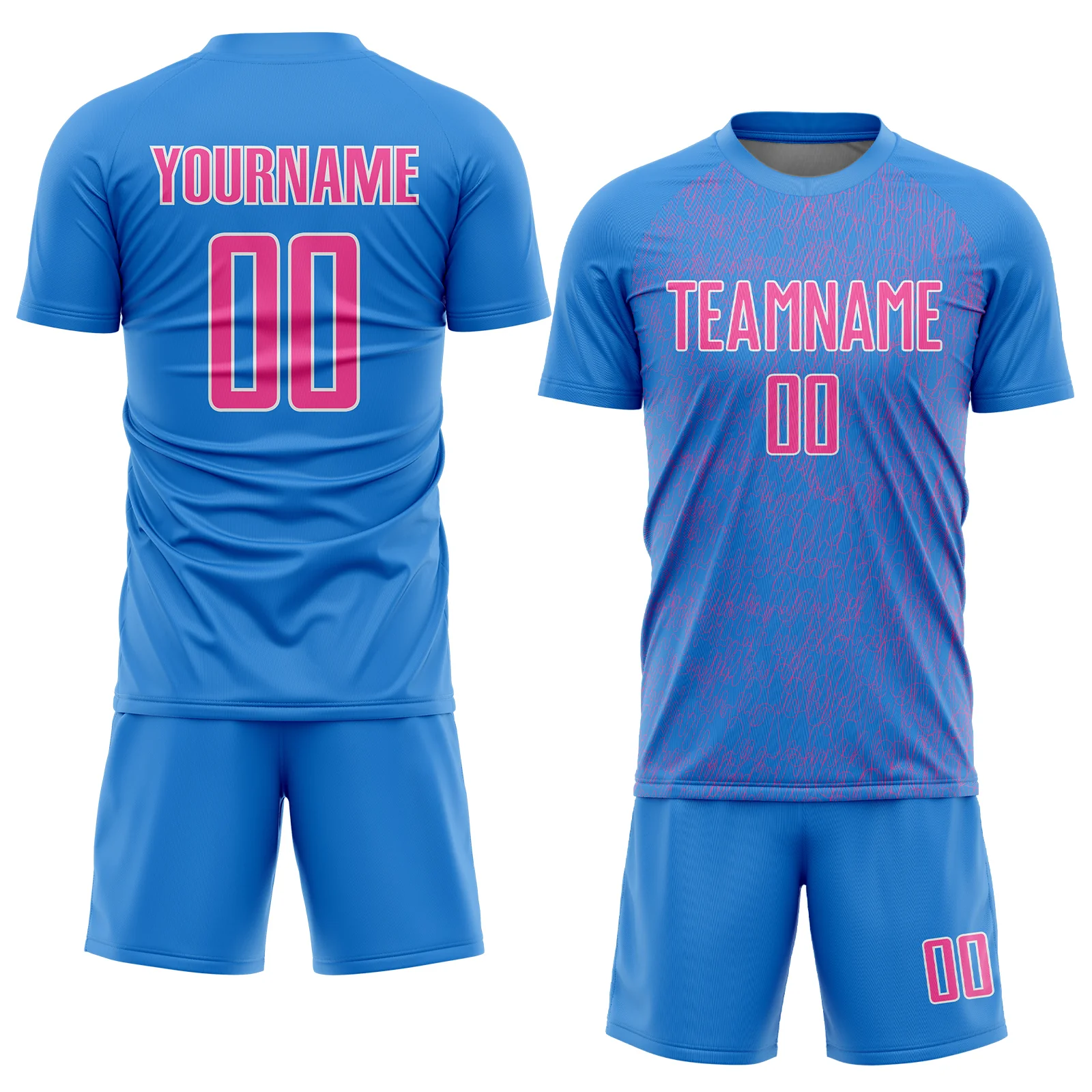 Custom Powder Blue Pink-White Abstract Scribble Curve Line Pattern Sports Sublimation Soccer Uniform Jersey - Image 2
