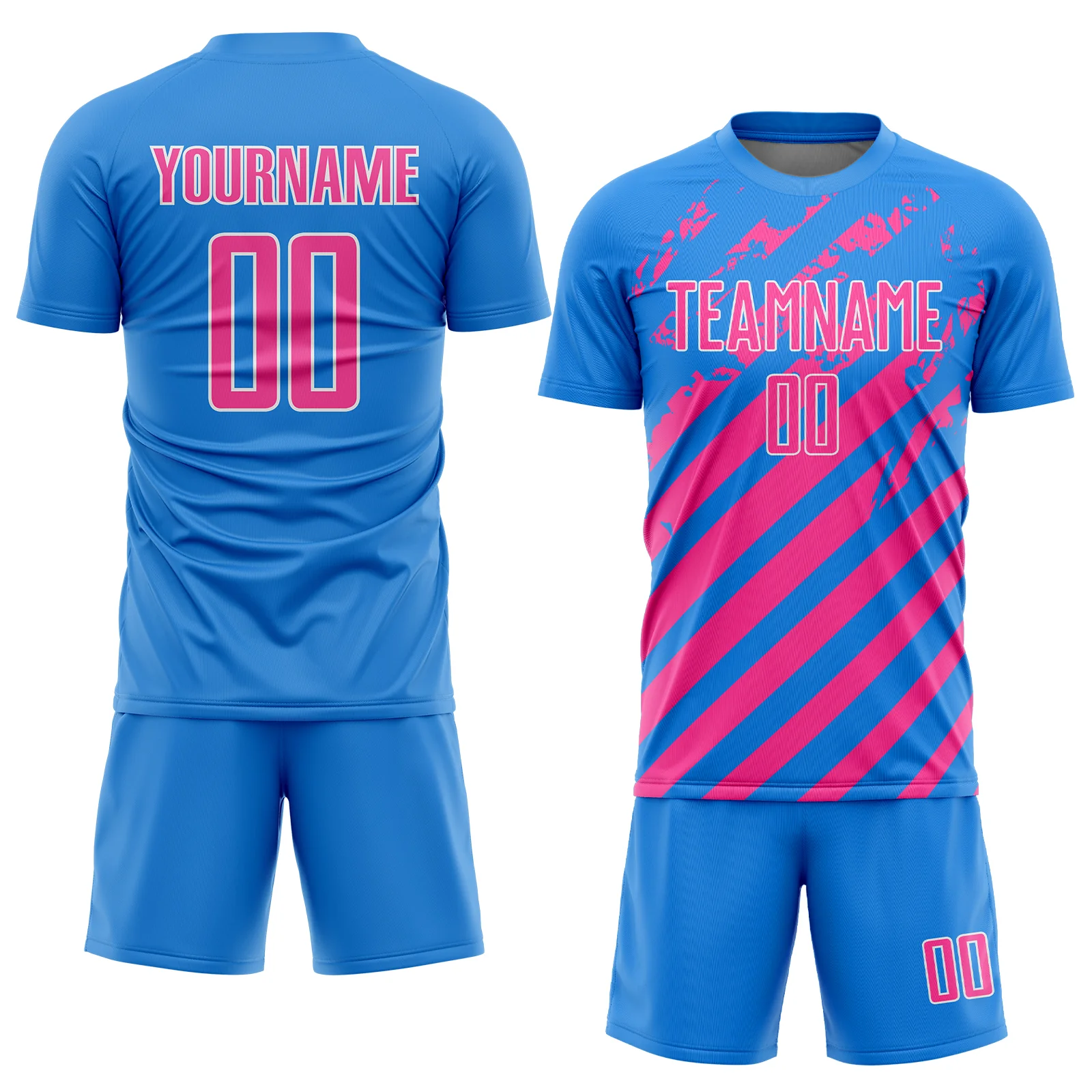 Custom Powder Blue Pink-White Distressed Diagonal Stripe Pattern Sports Sublimation Soccer Uniform Jersey - Image 2