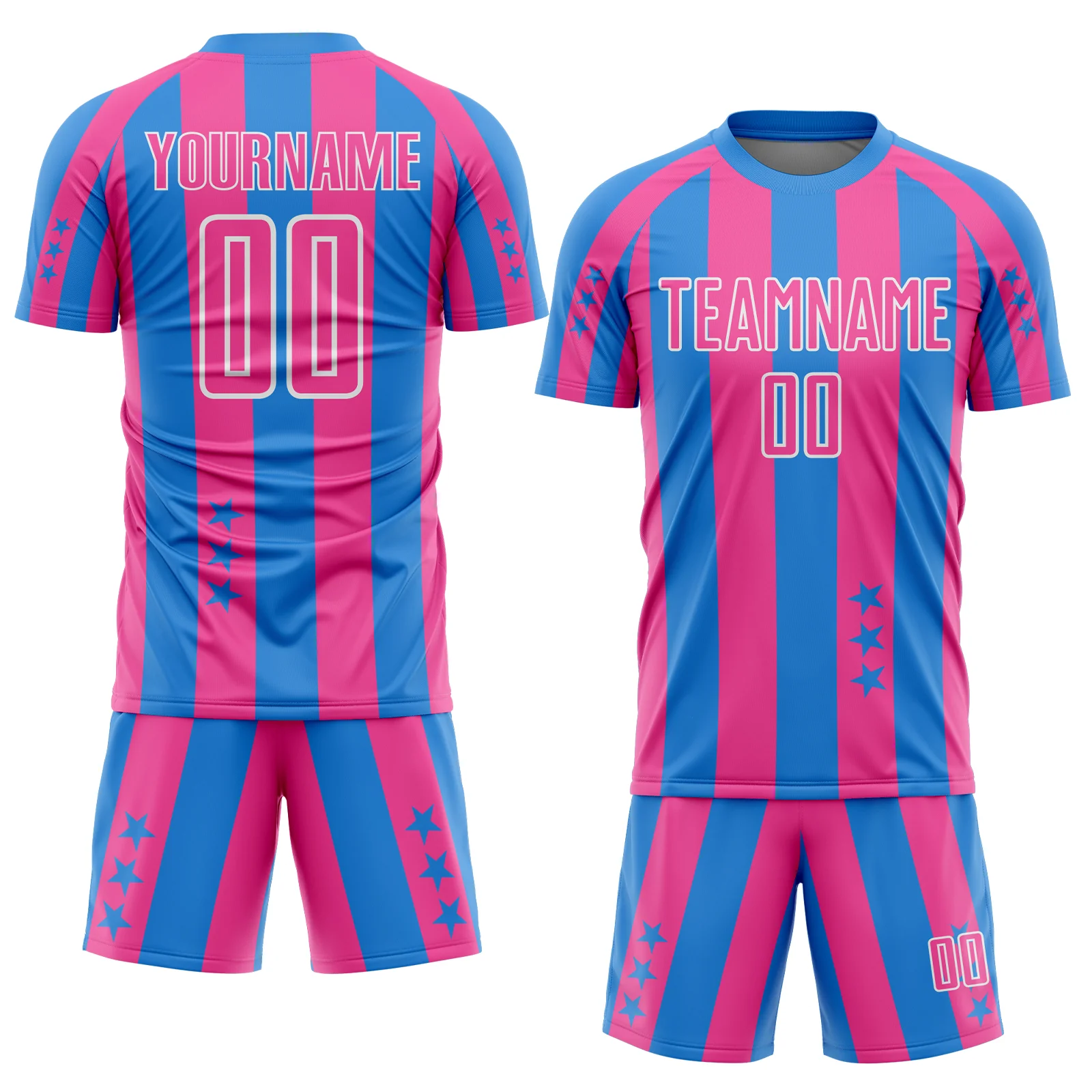 Custom Powder Blue Pink-White Stars And Stripes Sports Sublimation Soccer Uniform Jersey - Image 2