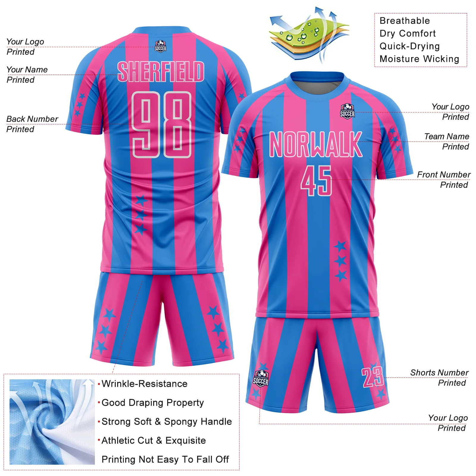 Custom Powder Blue Pink-White Stars And Stripes Sports Sublimation Soccer Uniform Jersey - Image 4