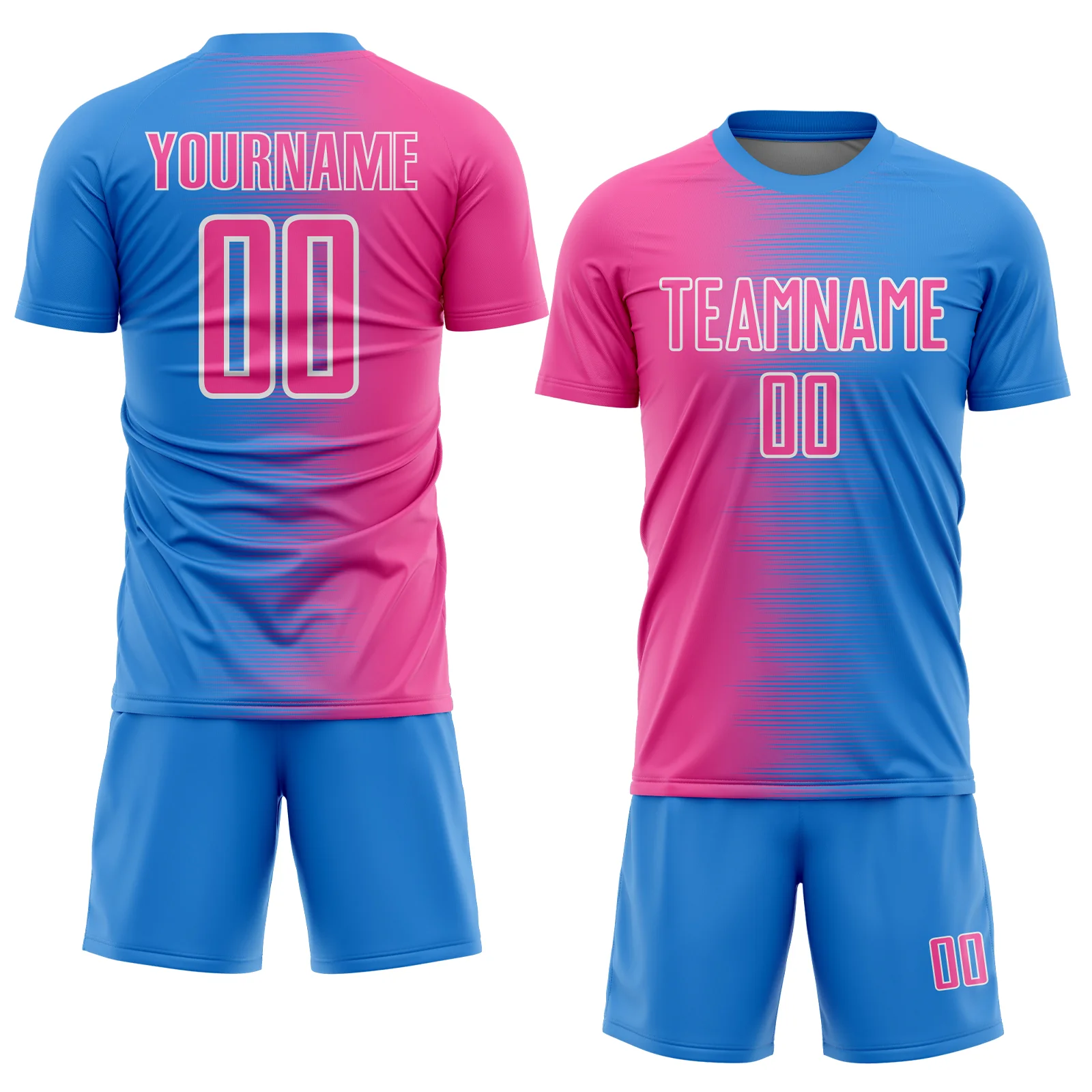 Custom Powder Blue Pink-White Gradient Line Sublimation Soccer Uniform Jersey - Image 2