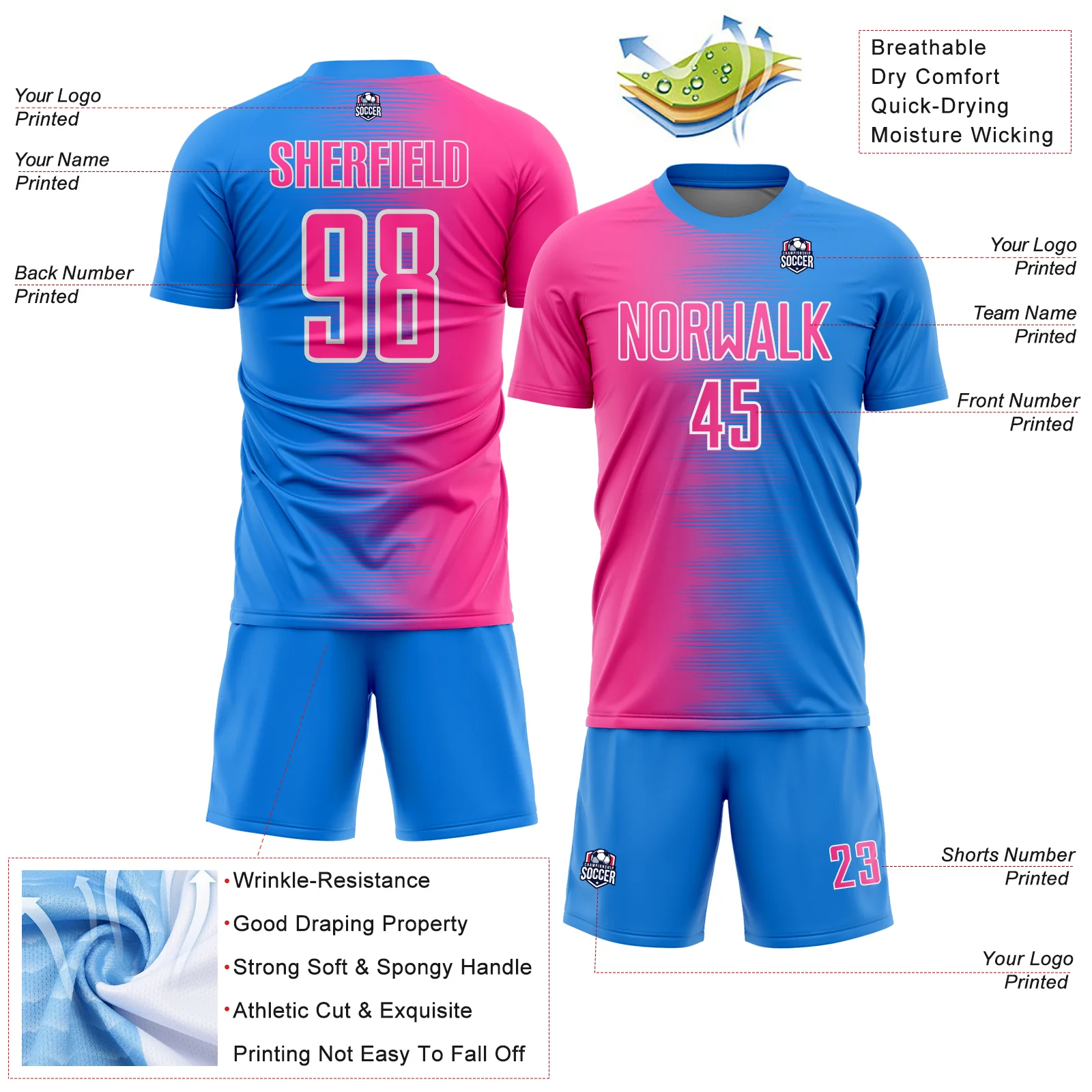 Custom Powder Blue Pink-White Gradient Line Sublimation Soccer Uniform Jersey - Image 4