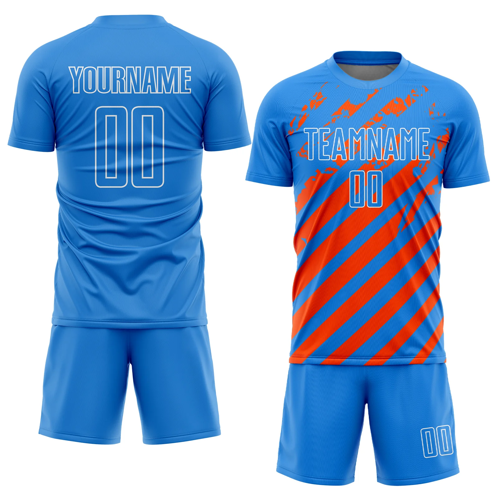 Custom Powder Blue White-Orange Distressed Diagonal Stripe Pattern Sports Sublimation Soccer Uniform Jersey - Image 2