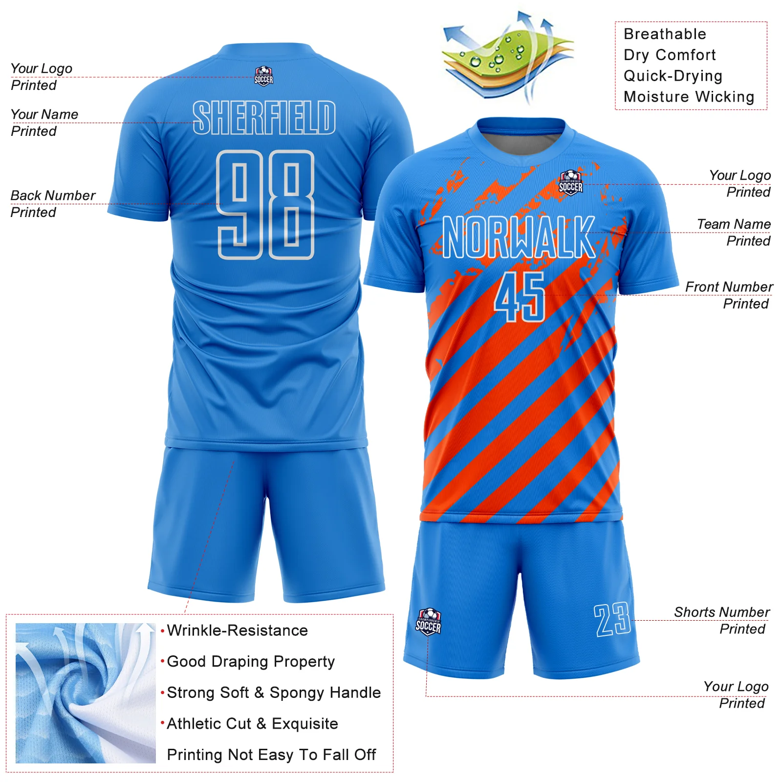 Custom Powder Blue White-Orange Distressed Diagonal Stripe Pattern Sports Sublimation Soccer Uniform Jersey - Image 4