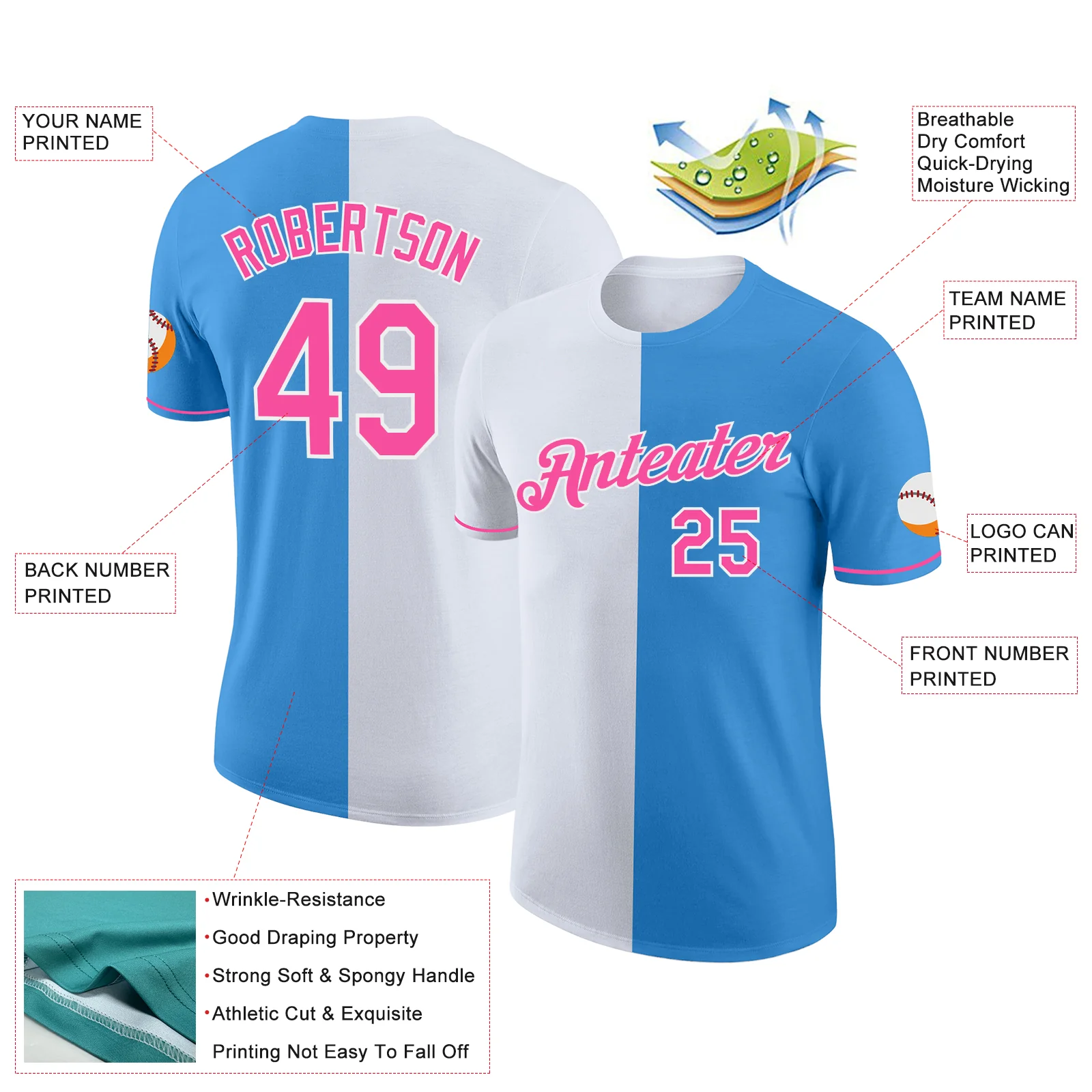 Custom Powder Blue Pink-White Split Fashion Performance T-Shirt - Image 2
