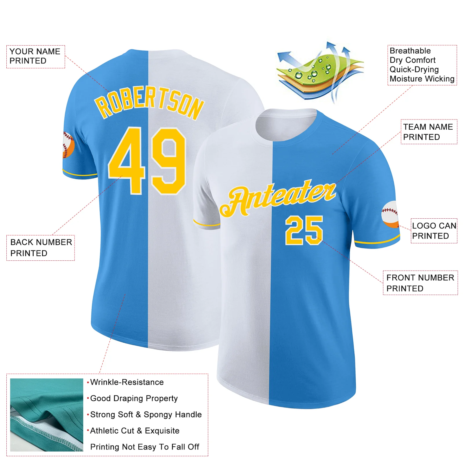 Custom Powder Blue Yellow-White Split Fashion Performance T-Shirt - Image 2