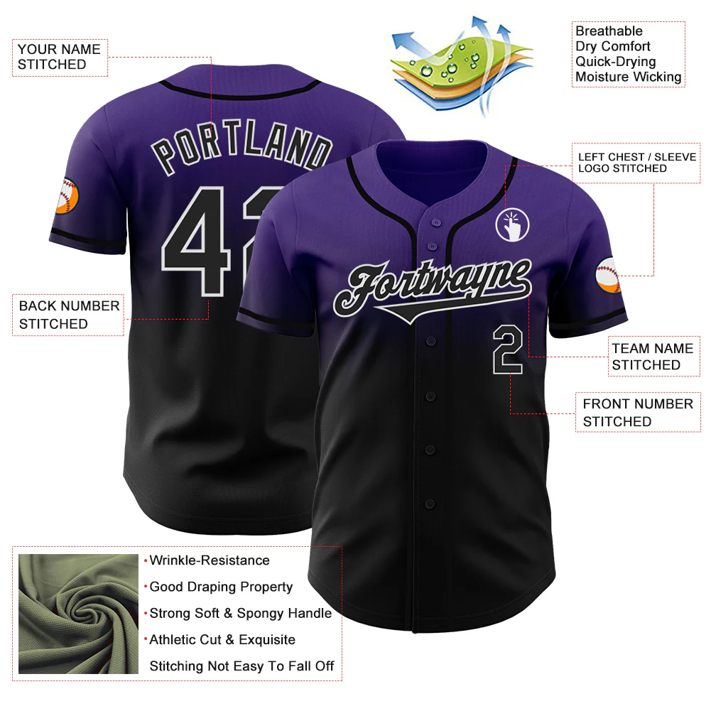 Custom Purple Black-White Authentic Fade Fashion Baseball Jersey - Image 3