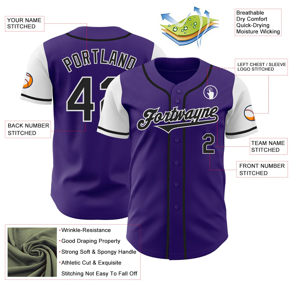 Custom Purple Black-White Authentic Two Tone Baseball Jersey - Image 3