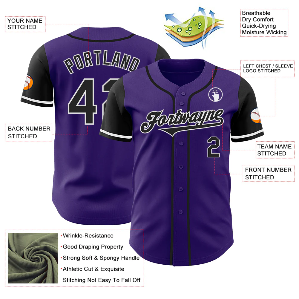 Custom Purple Black-White Authentic Two Tone Baseball Jersey - Image 3