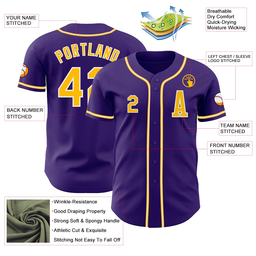 Custom Purple Gold-White Authentic Baseball Jersey - Image 2
