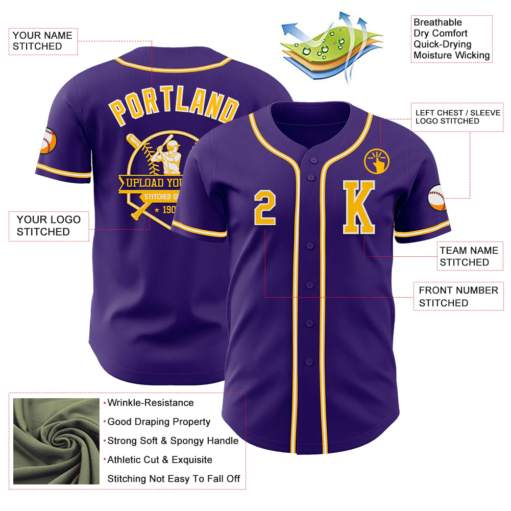Custom Purple Gold-White Authentic Baseball Jersey - Image 6