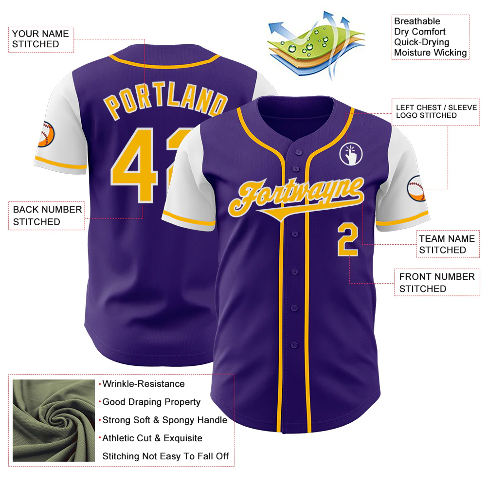 Custom Purple Gold-White Authentic Two Tone Baseball Jersey - Image 3