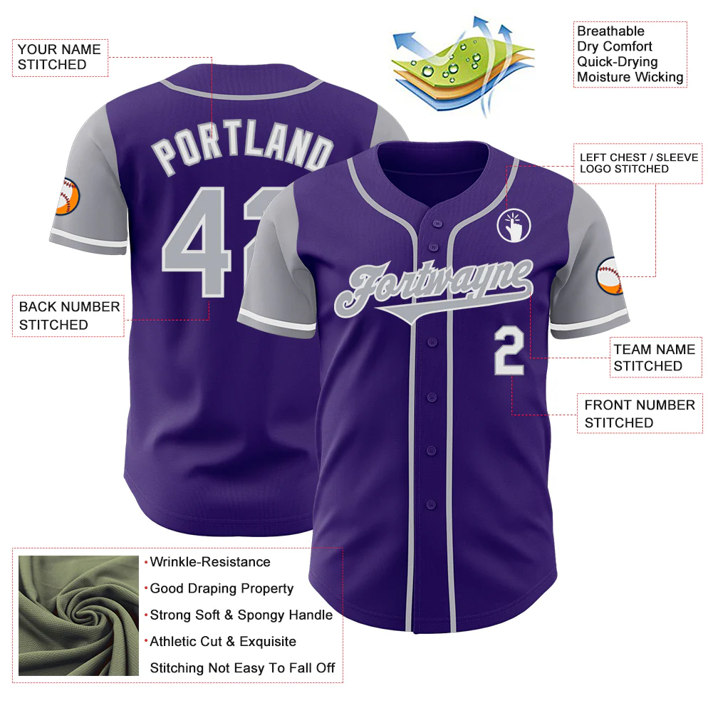 Custom Purple Gray-White Authentic Two Tone Baseball Jersey - Image 3