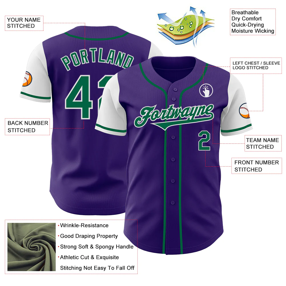 Custom Purple Kelly Green-White Authentic Two Tone Baseball Jersey - Image 3