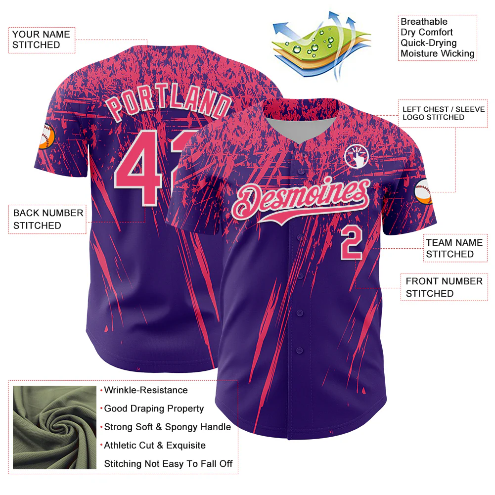 Custom Purple Neon Pink-White Distressed Scratch Brush Stroke Authentic Baseball Jersey - Image 3