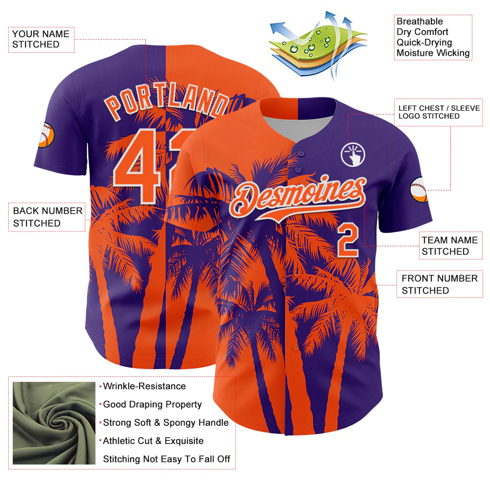 Custom Purple Orange-White Hawaii Palm Trees Tropical Coconut Authentic Baseball Jersey - Image 3