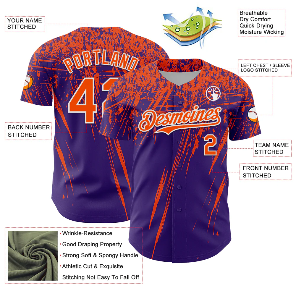 Custom Purple Orange-White Distressed Scratch Brush Stroke Authentic Baseball Jersey - Image 3