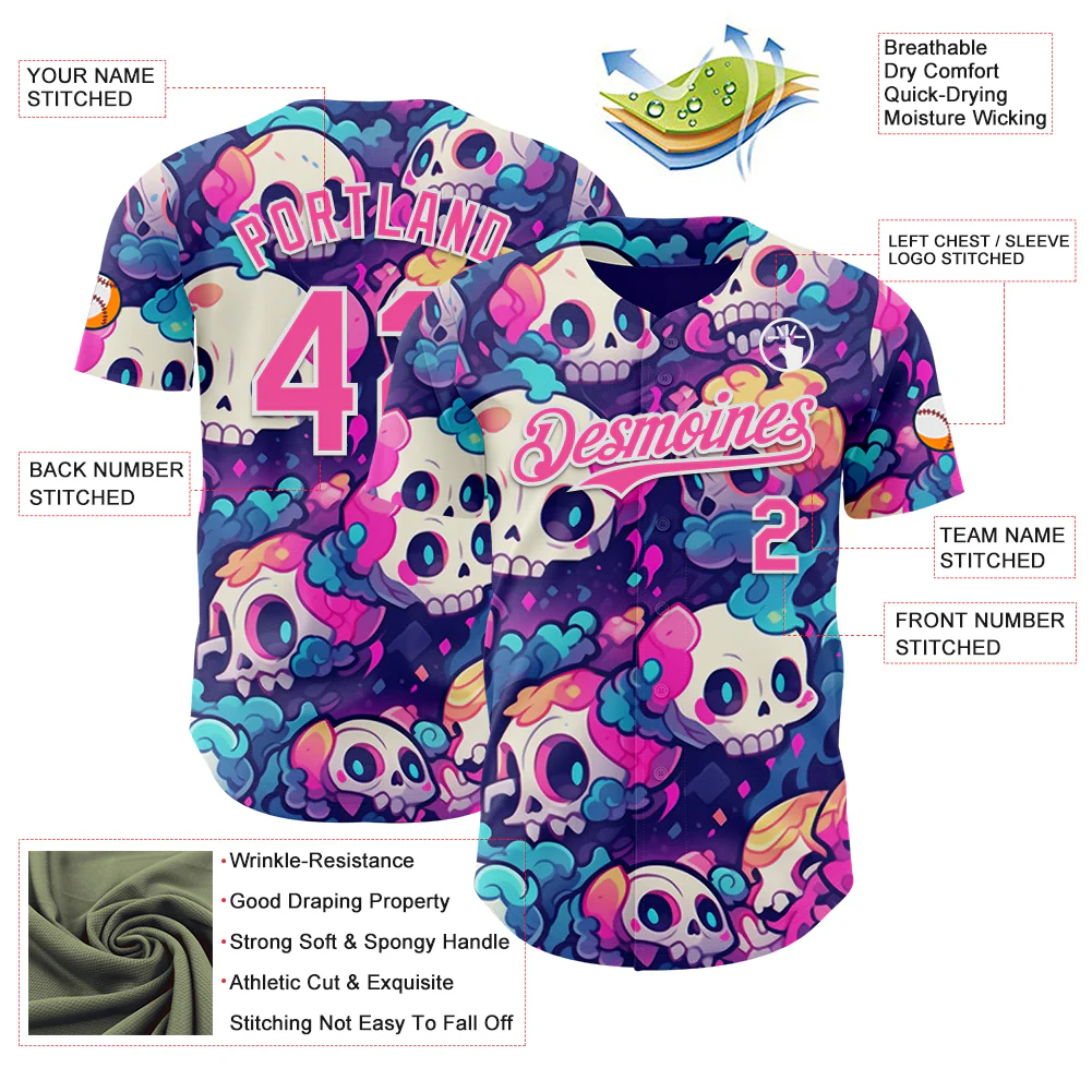 Custom Purple Pink-White Sugar Skull Day of the Dead Mexican Folk Art Authentic Baseball Jersey - Image 3