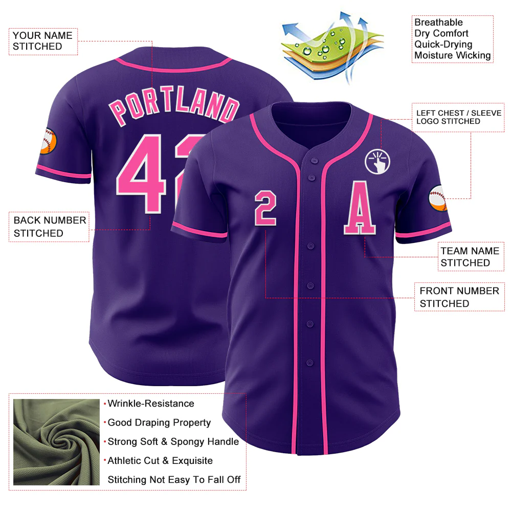 Custom Purple Pink-White Authentic Baseball Jersey - Image 2