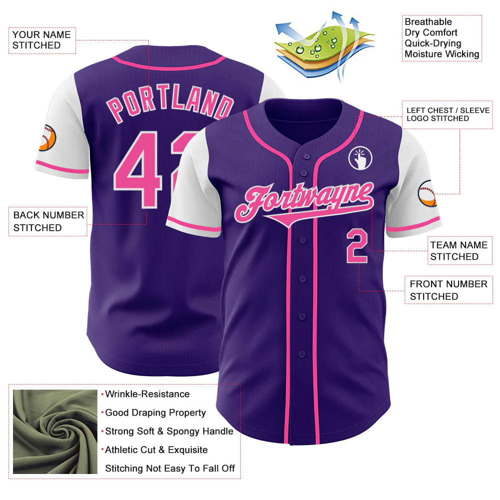 Custom Purple Pink-White Authentic Two Tone Baseball Jersey - Image 3