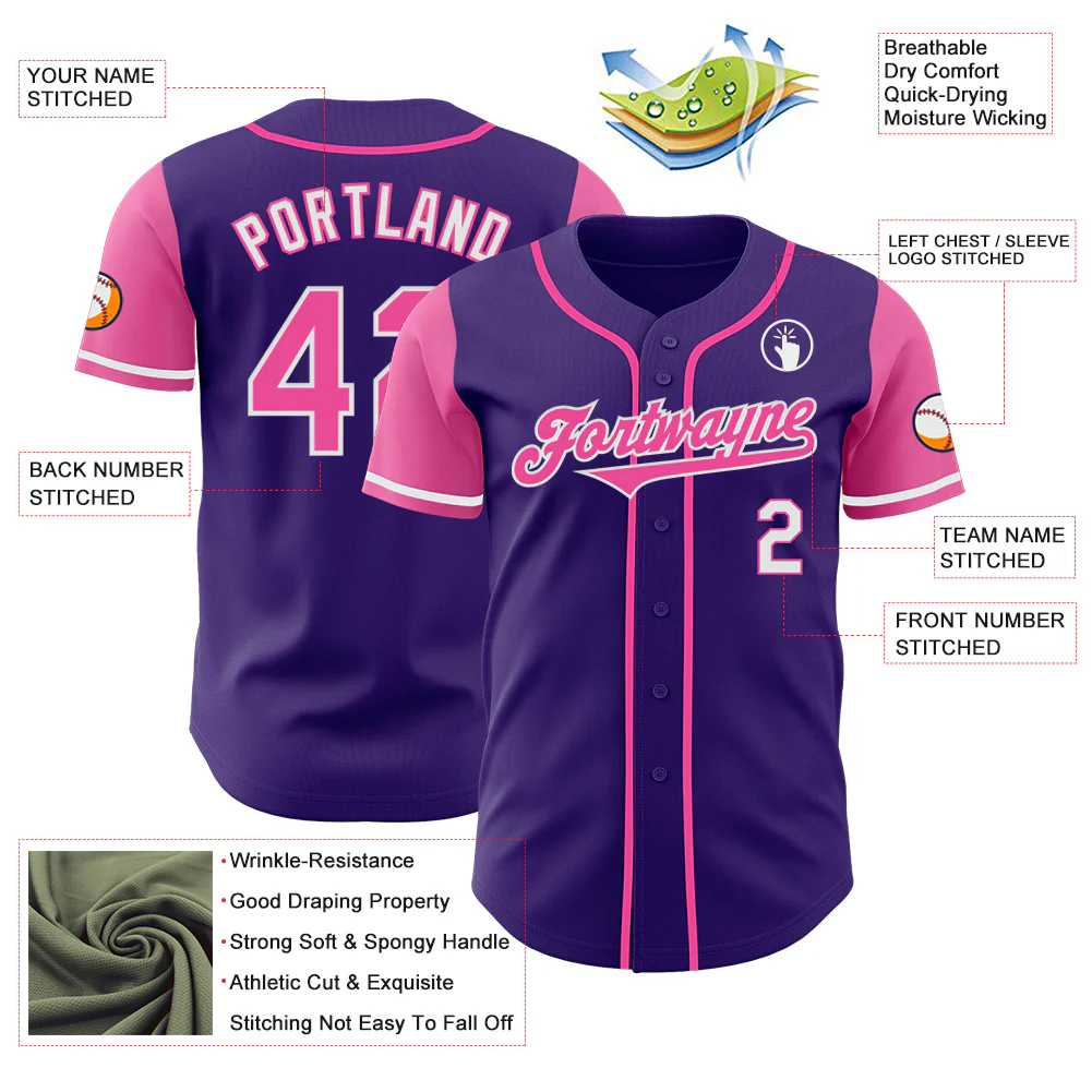 Custom Purple Pink-White Authentic Two Tone Baseball Jersey - Image 3