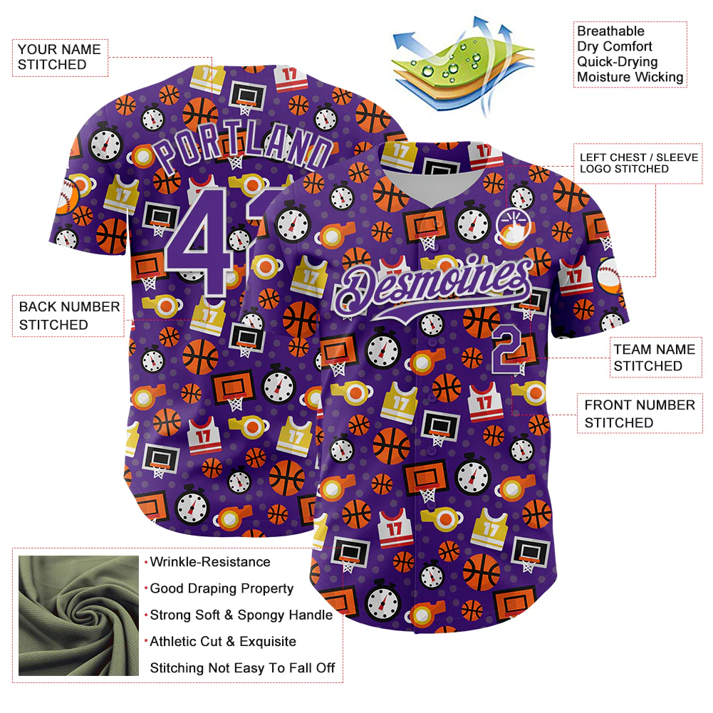 Custom Purple White Comic Doodle Ballgame 3D Pattern Design Authentic Baseball Jersey - Image 3