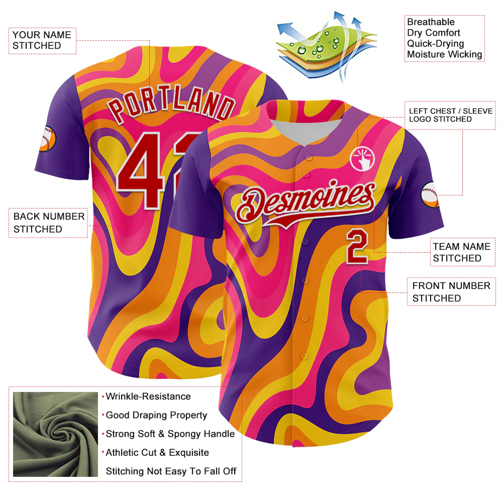Custom Purple Red-White 3D Pattern Design Rave Party Marble Lava Authentic Baseball Jersey - Image 3