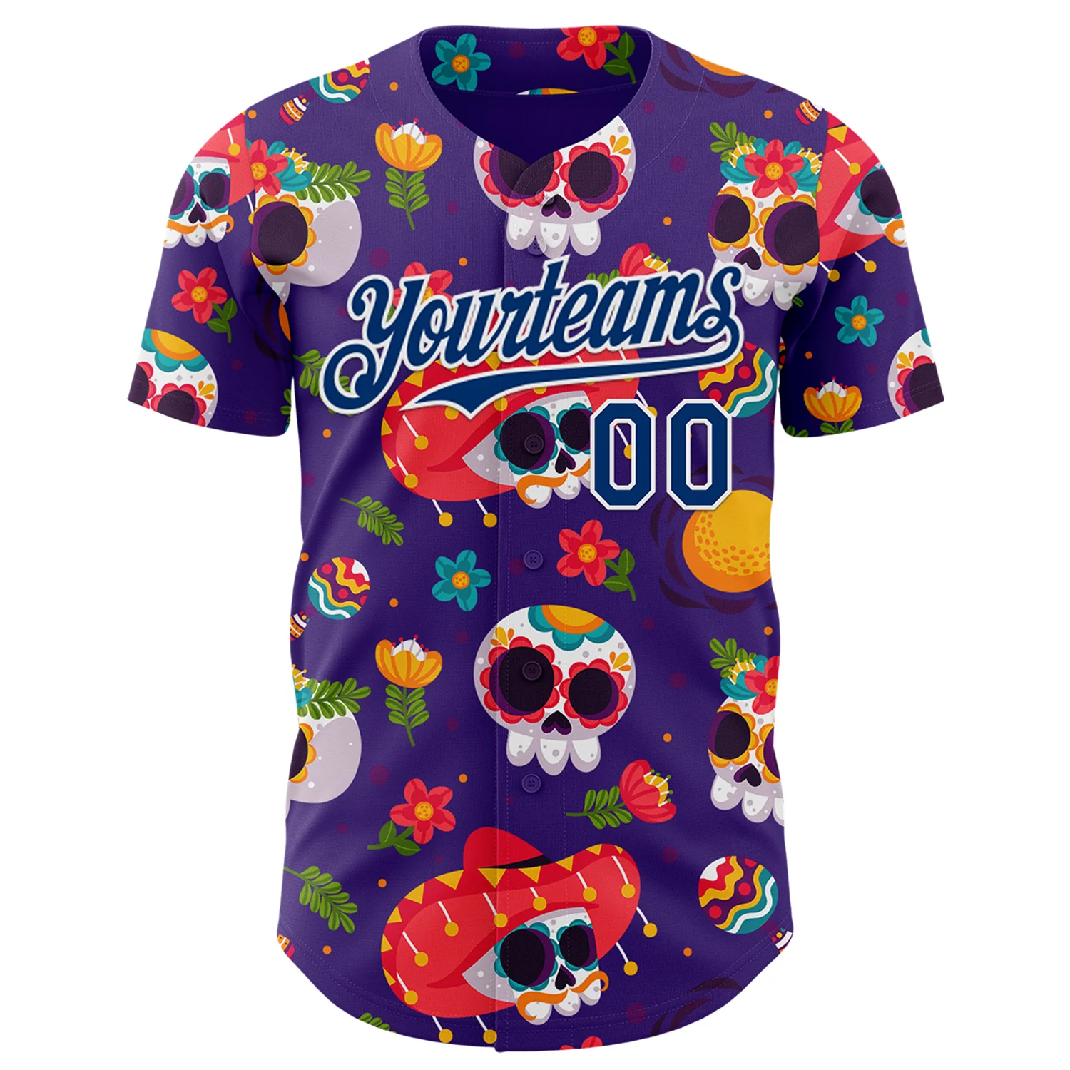 Custom Purple US Navy Blue-White Sugar Skull Day of the Dead Mexican Folk Art Authentic Baseball Jersey - Image 2