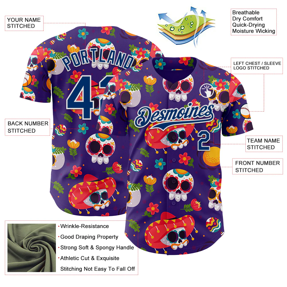 Custom Purple US Navy Blue-White Sugar Skull Day of the Dead Mexican Folk Art Authentic Baseball Jersey - Image 3