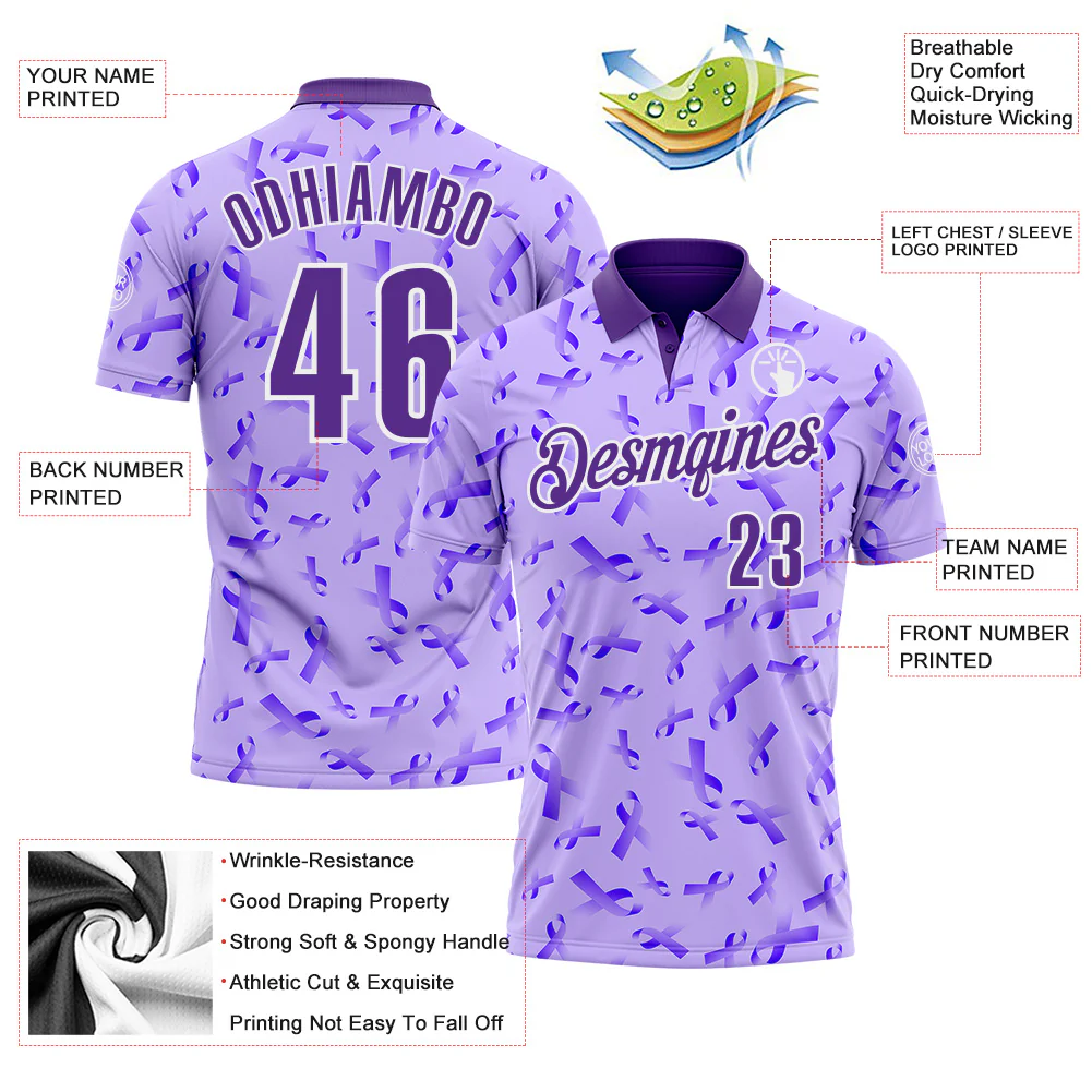 Custom Purple White 3D Pattern Design Purple Ribbon Gynecological Cancer Awareness Performance Polo Shirt - Image 3