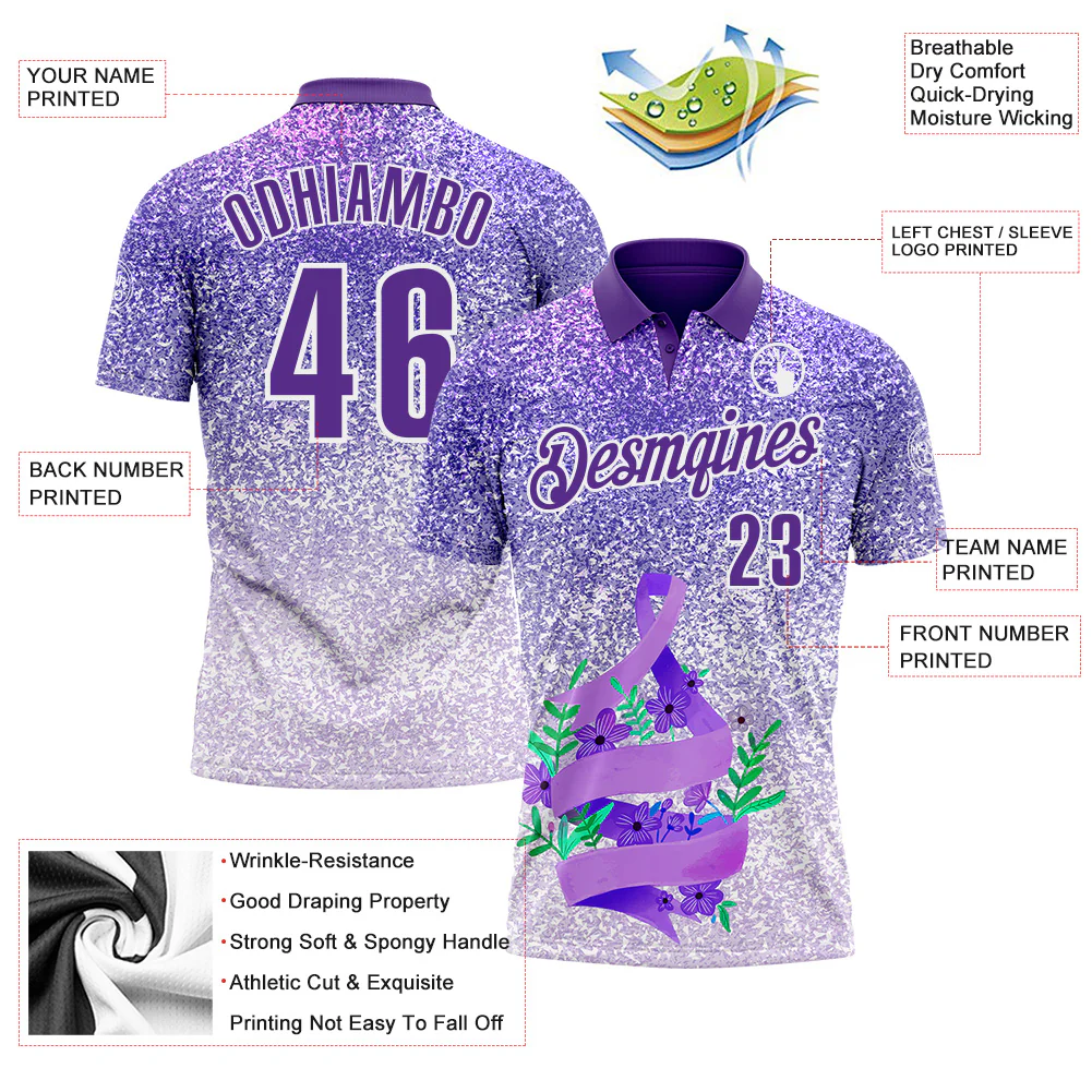 Custom Purple White 3D Pattern Design Perwinkle Ribbon Gastric Cancer Awareness Sprinkle Performance Polo Shirt - Image 3