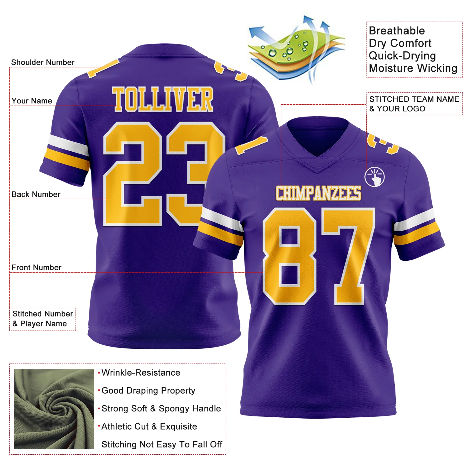 Custom Purple Gold-White Authentic Football Jersey - Image 3
