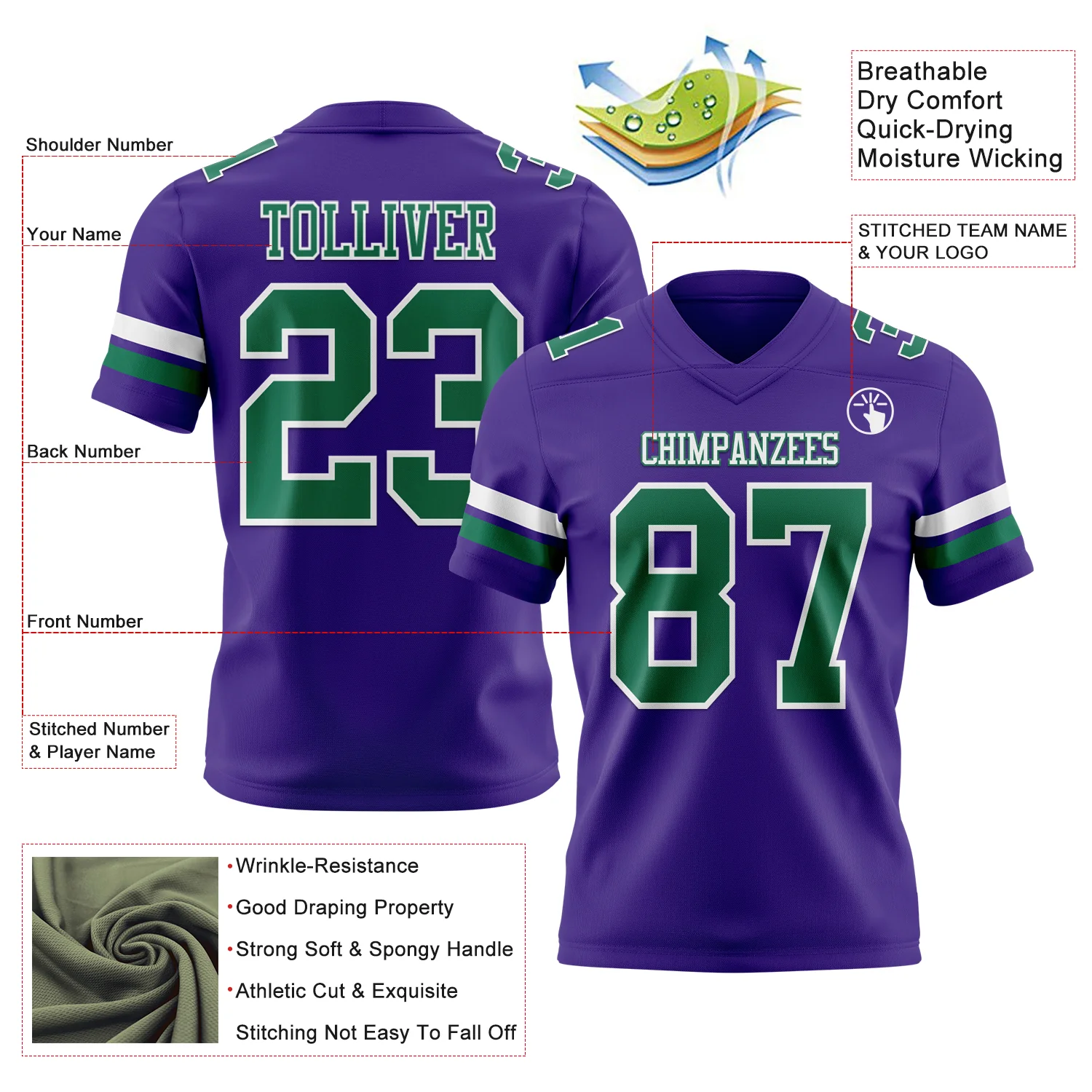 Custom Purple Kelly Green-White Authentic Football Jersey - Image 3