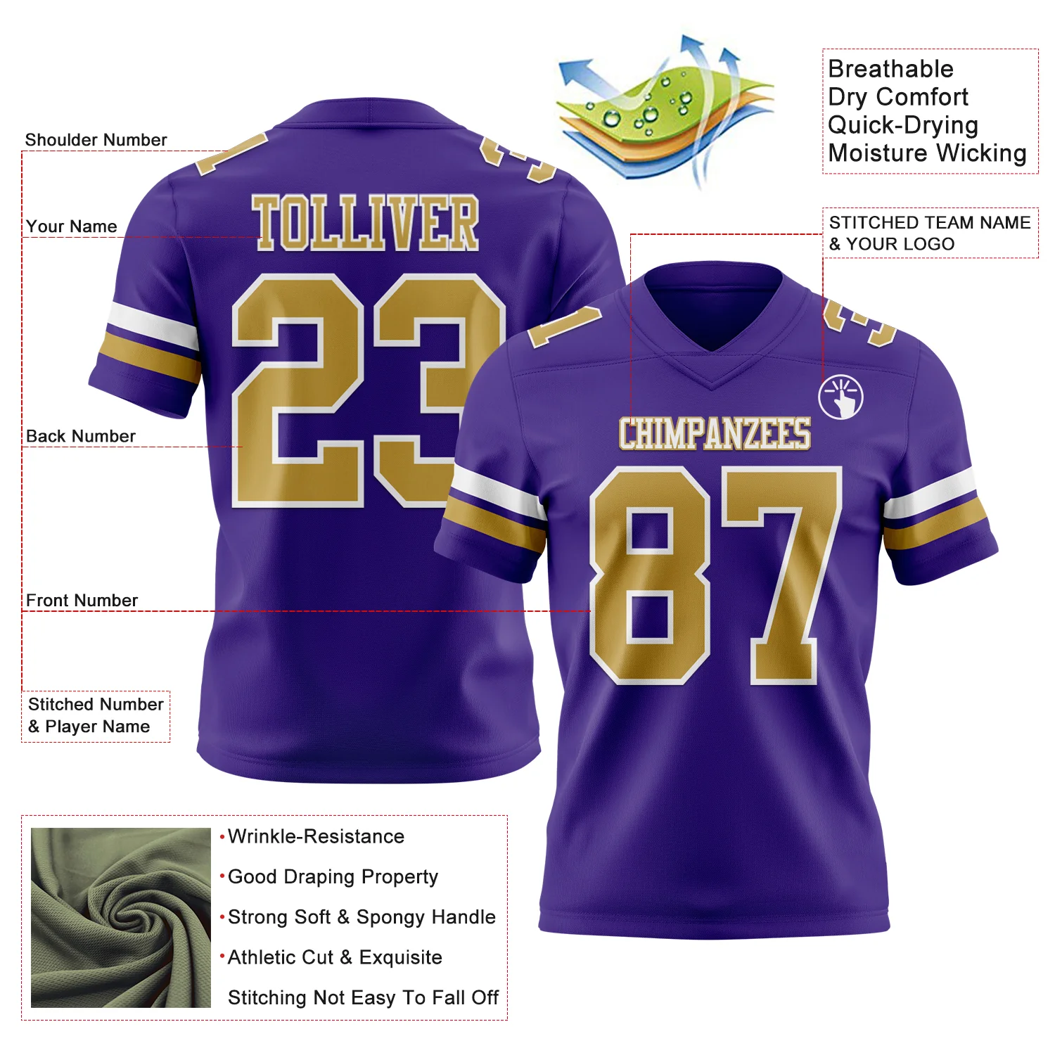 Custom Purple Old Gold-White Authentic Football Jersey - Image 3