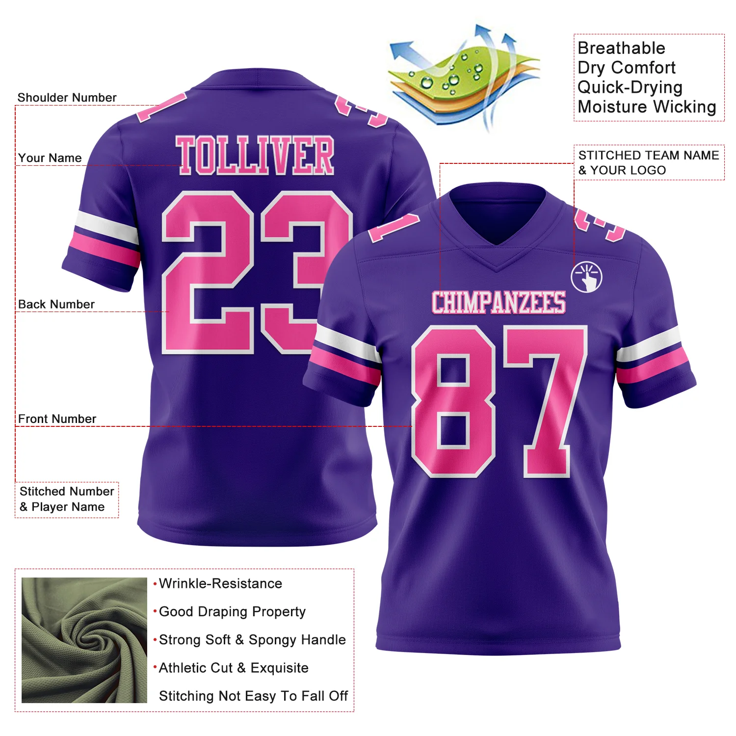 Custom Purple Pink-White Authentic Football Jersey - Image 3