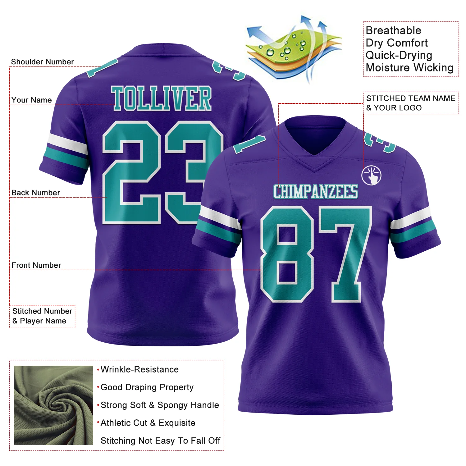 Custom Purple Teal-White Authentic Football Jersey - Image 3