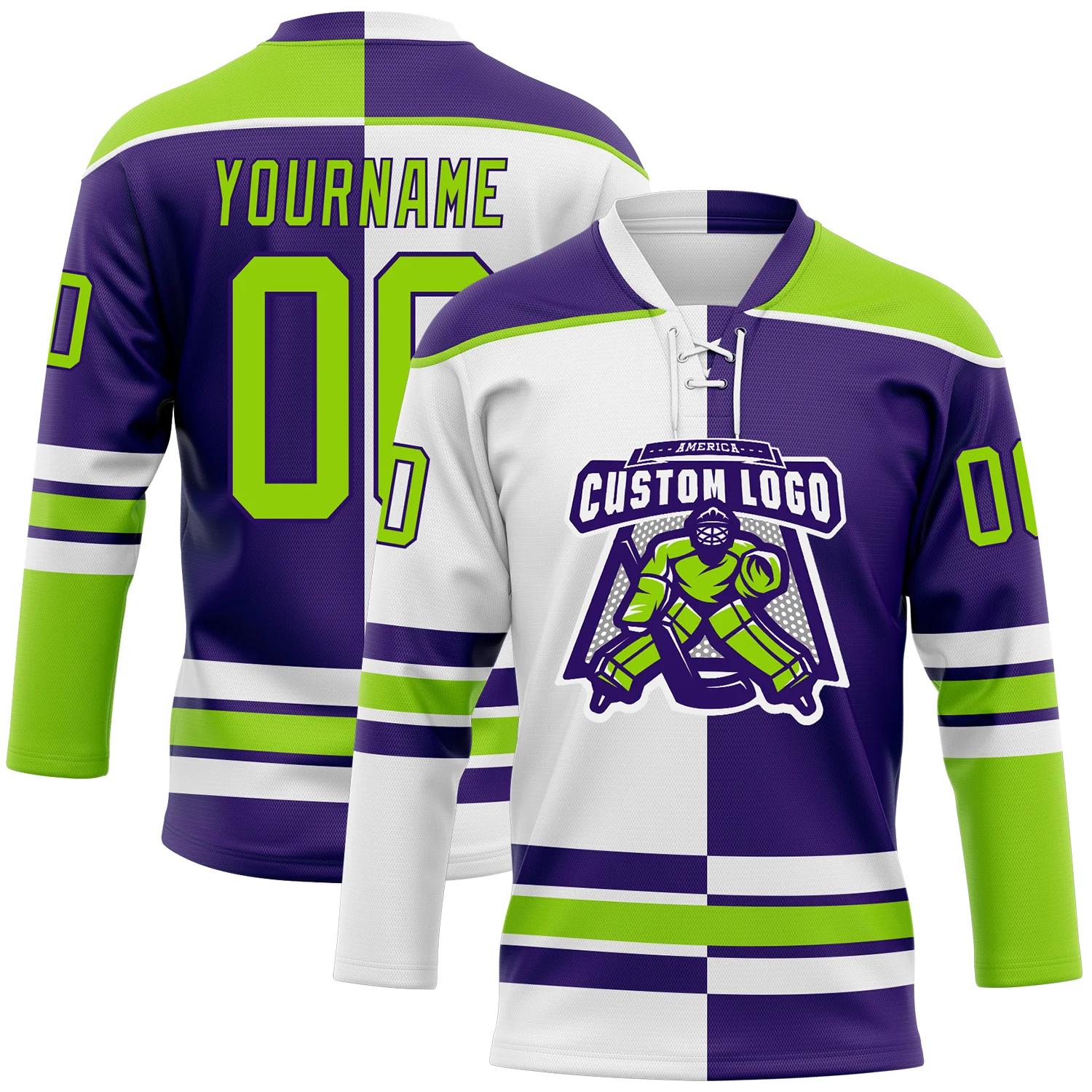 Custom Purple Neon Green-White Split Fashion Hockey Lace Neck Jersey - Image 2