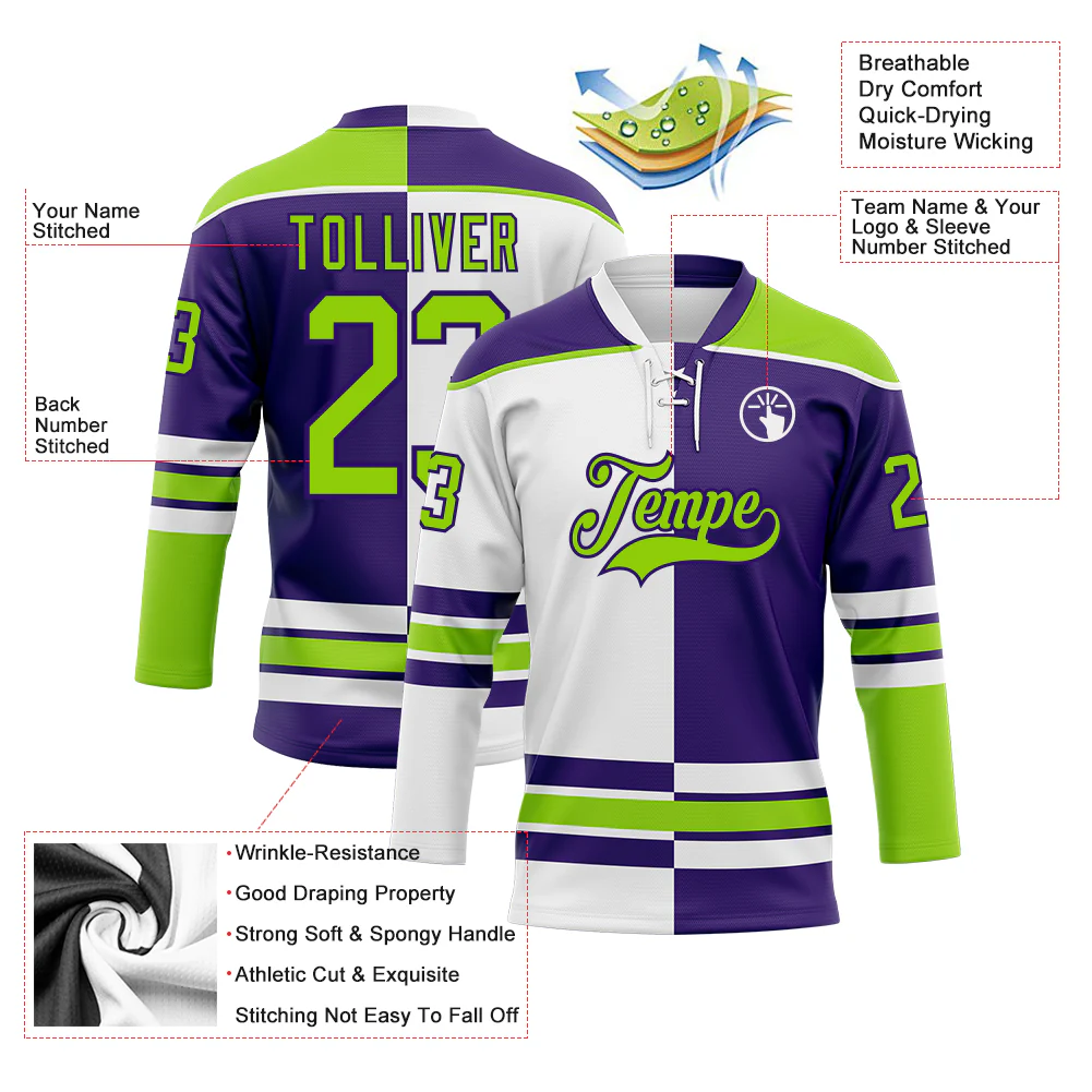 Custom Purple Neon Green-White Split Fashion Hockey Lace Neck Jersey - Image 3