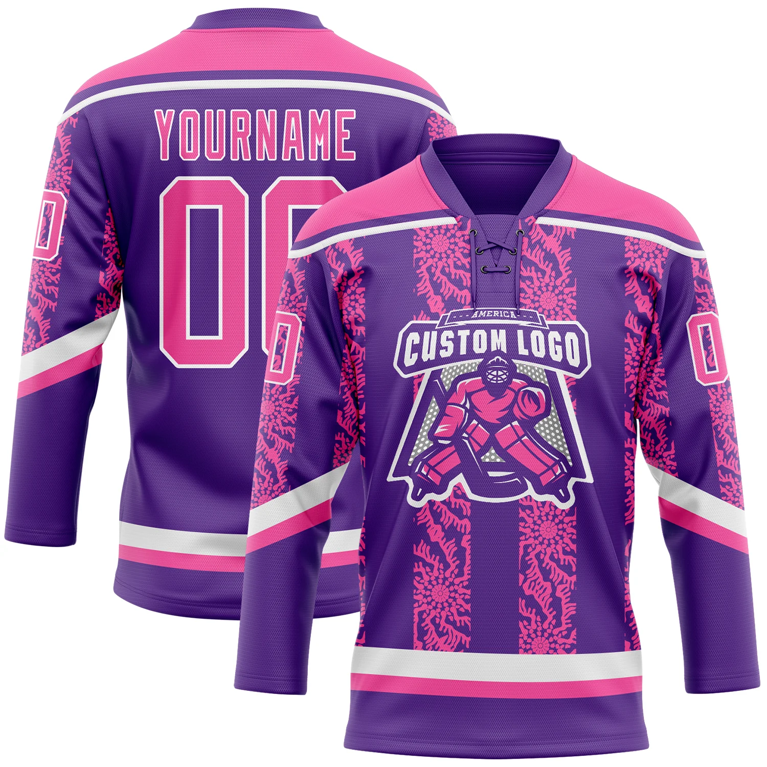 Custom Purple Pink-White 3D Pattern Abstract Shape Hockey Lace Neck Jersey - Image 2
