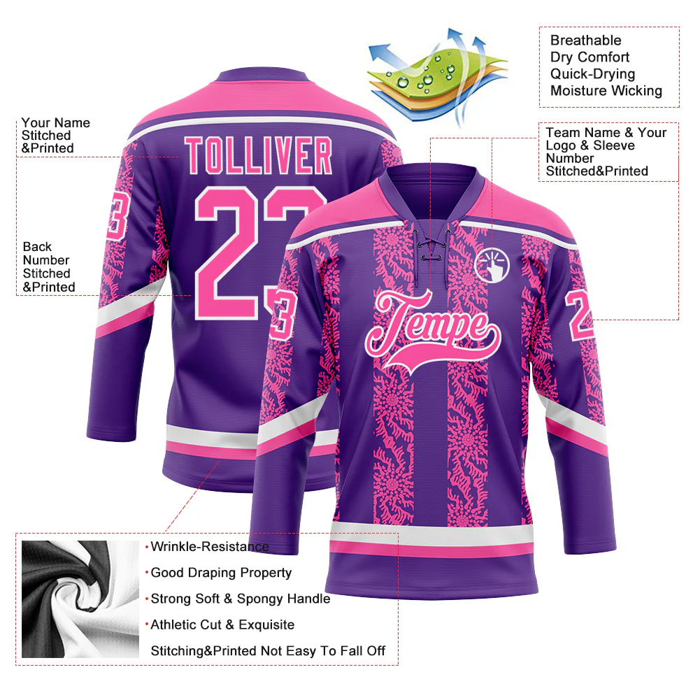 Custom Purple Pink-White 3D Pattern Abstract Shape Hockey Lace Neck Jersey - Image 3