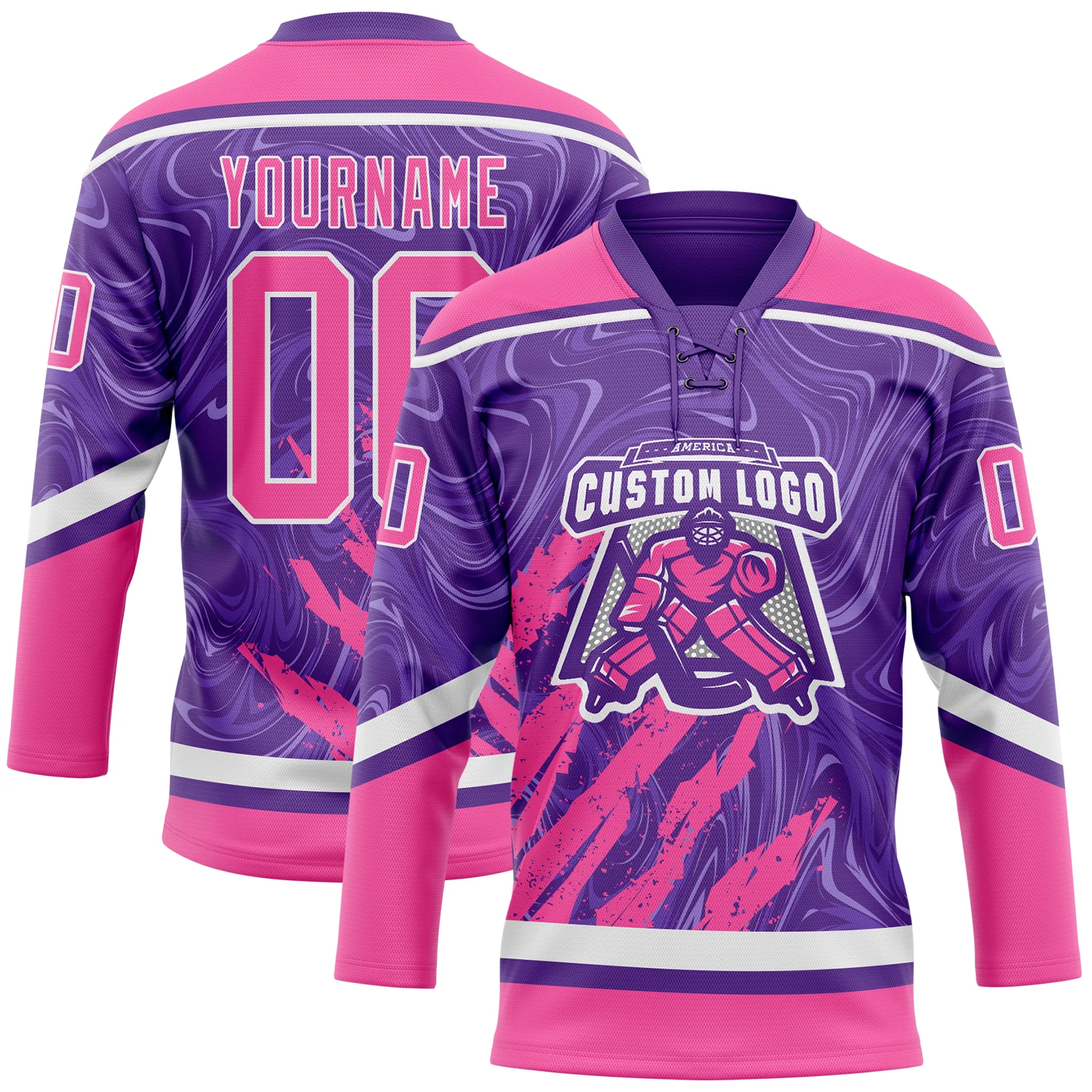 Custom Purple Pink-White 3D Splash Art Hockey Lace Neck Jersey - Image 2