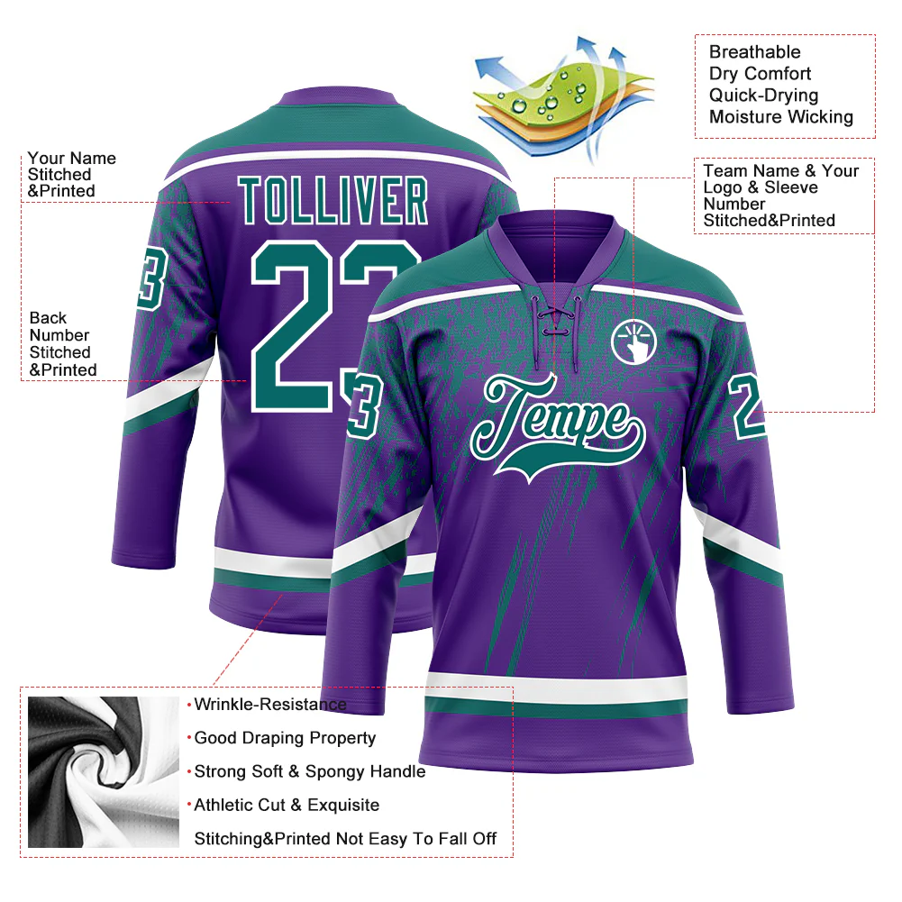 Custom Purple Teal-White 3D Splash Hockey Lace Neck Jersey - Image 3