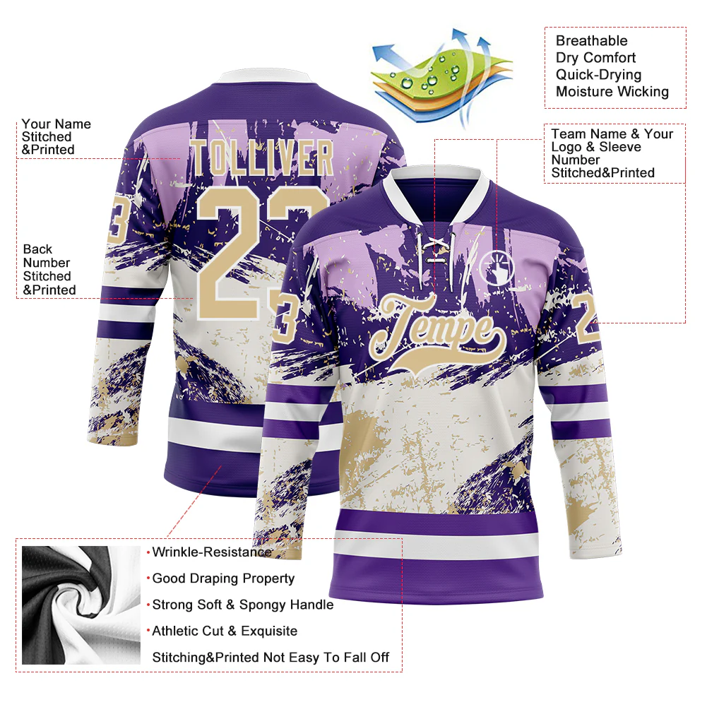 Custom Purple Vegas Gold-White Abstract Splatter Paint Hockey Lace Neck Jersey - Image 5
