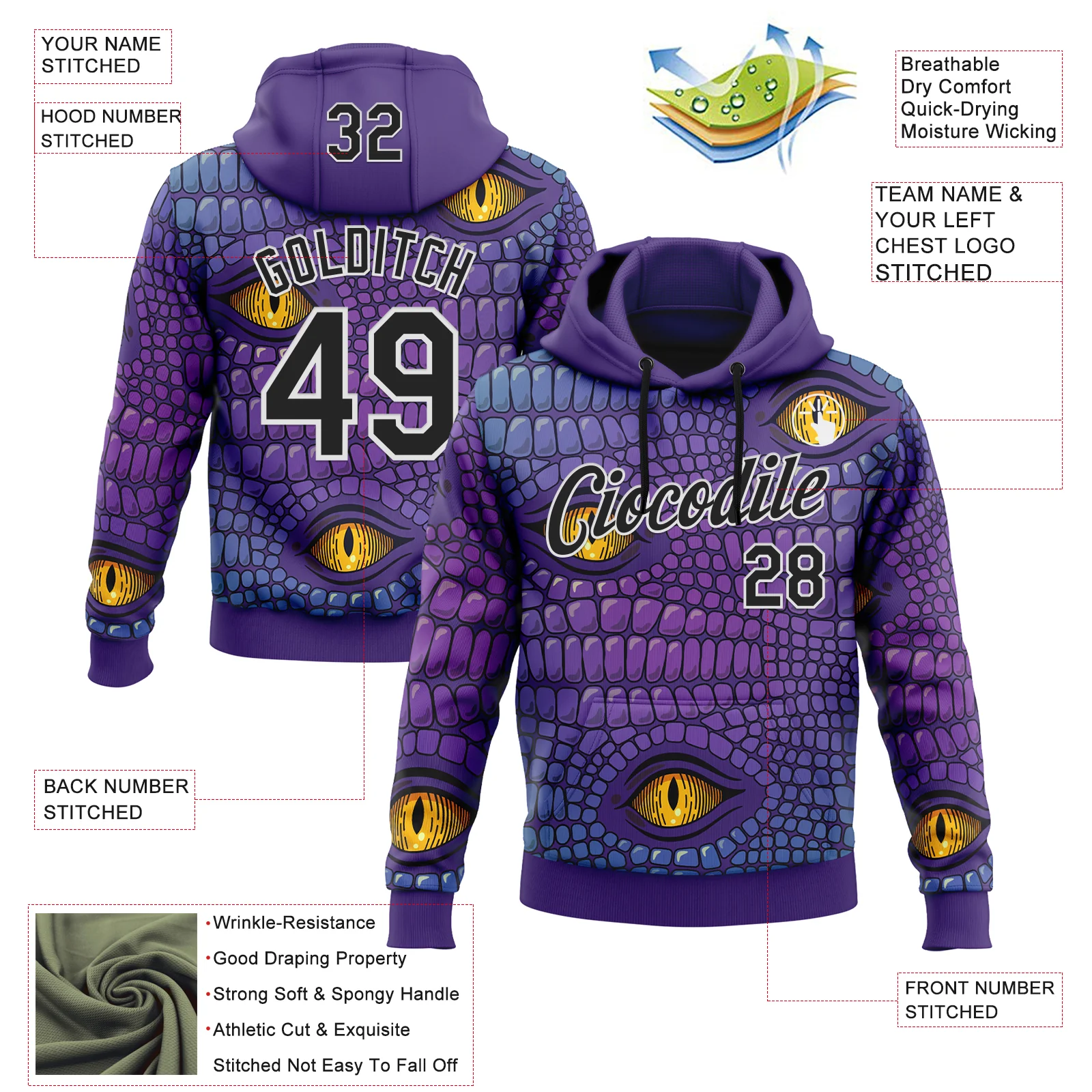 Custom Stitched Purple Black-White 3D Pattern Design Crocodile Skin Print Sportswear Pullover Sweatshirt Hoodie - Image 2